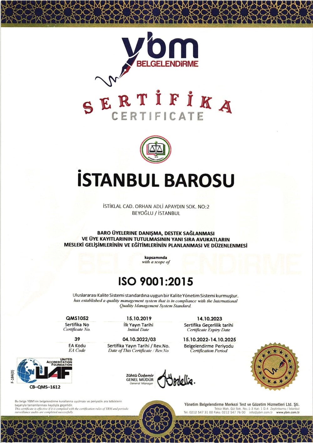 İstanbul Barosu ISO 9001:2015 Kalite Sertifikası Yenilendi