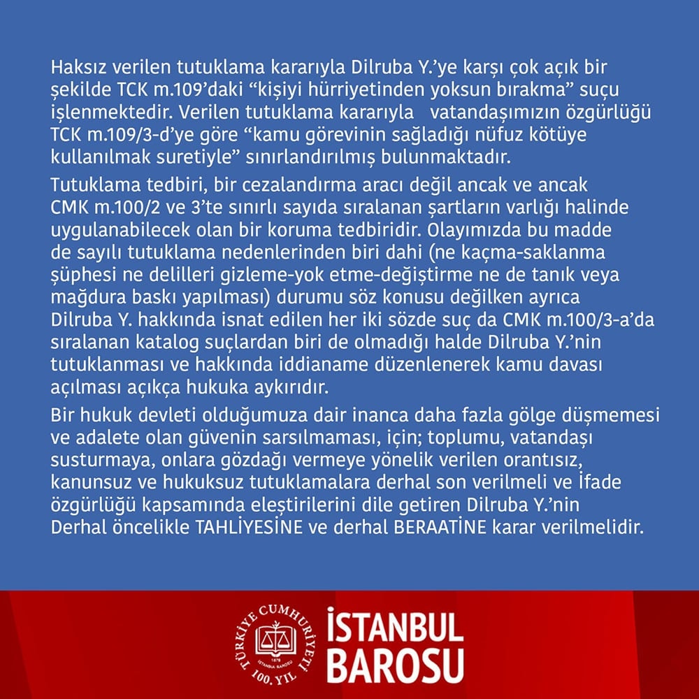 Dilruba Y. Hakkında Yapılmakta Olan Hukuksuzluktan Dönülerek Derhal Beraat ve Tahliye Kararı Verilmelidir! - 2