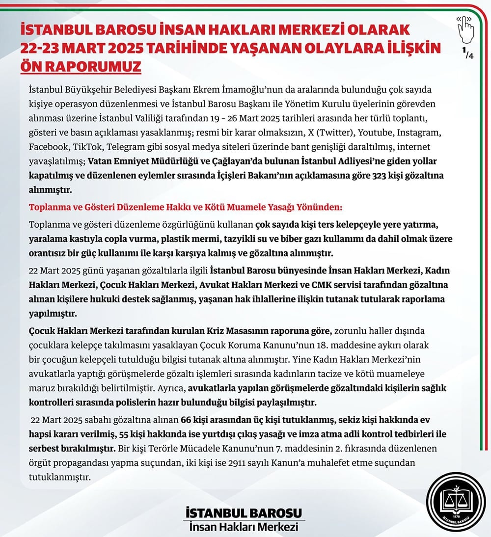 İstanbul Barosu İnsan Hakları Merkezi'nin 22-23 Mart 2025 Tarihinde Yaşanan Olaylara İlişkin Ön Raporu
