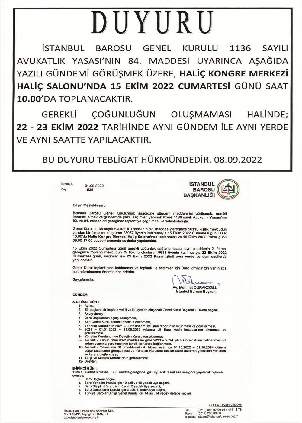 İstanbul Barosu Genel Kurulu Hakkında Duyuru