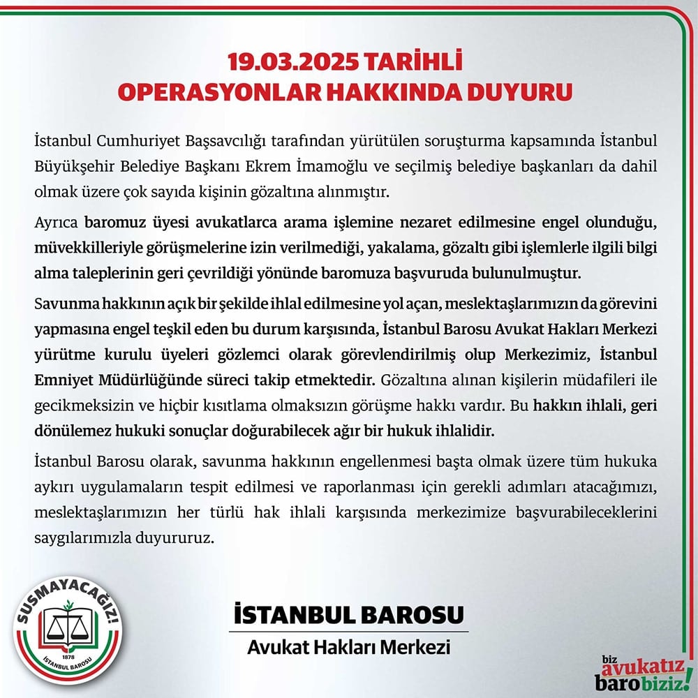 19.03.2025 Tarihli Operasyonlar Hakkında Duyuru