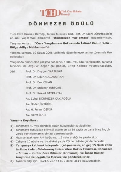 Türk Ceza Hukuku Derneğinden
Dönmezer Ödülü