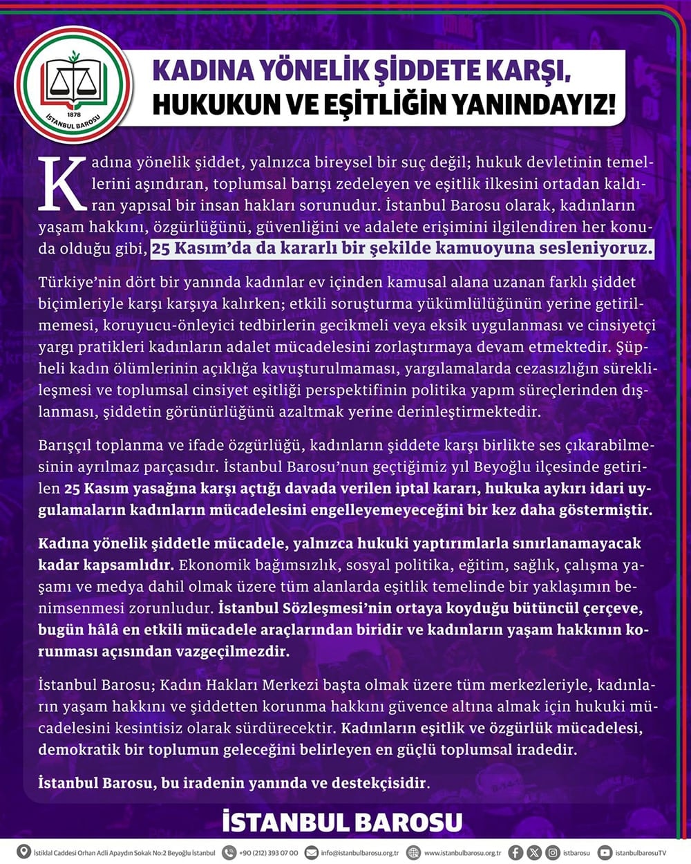 Kadına Yönelik Şiddete Karşı, Hukukun ve Eşitliğin Yanındayız!