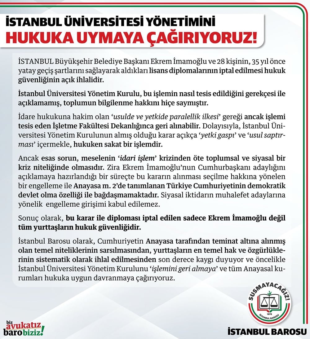 İstanbul Üniversitesi Yönetimini Hukuka Uymaya Çağırıyoruz