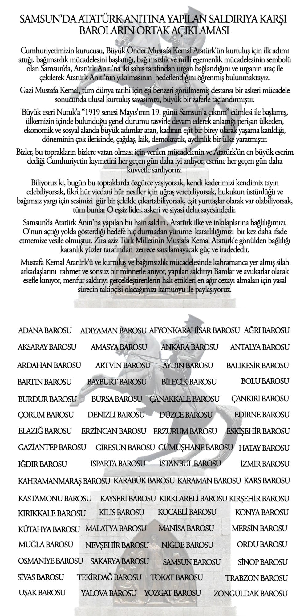 Samsun'da Atatürk Anıtına Yapılan Saldırıya Karşı Baroların Ortak Açıklaması