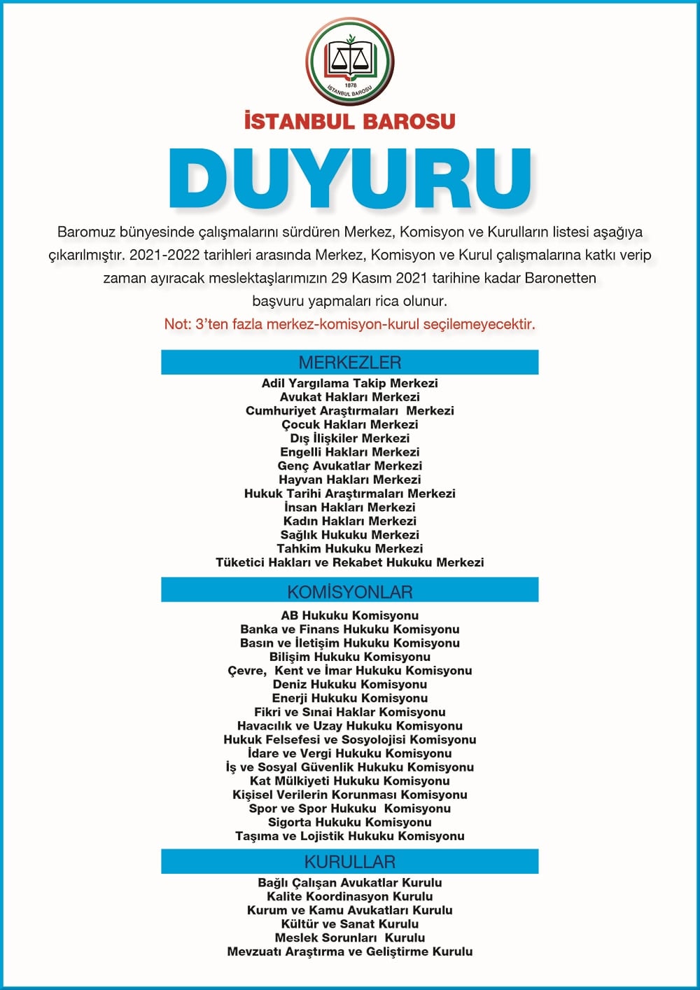 Merkez, Komisyon ve Kurul Seçimleri Hakkında Duyuru