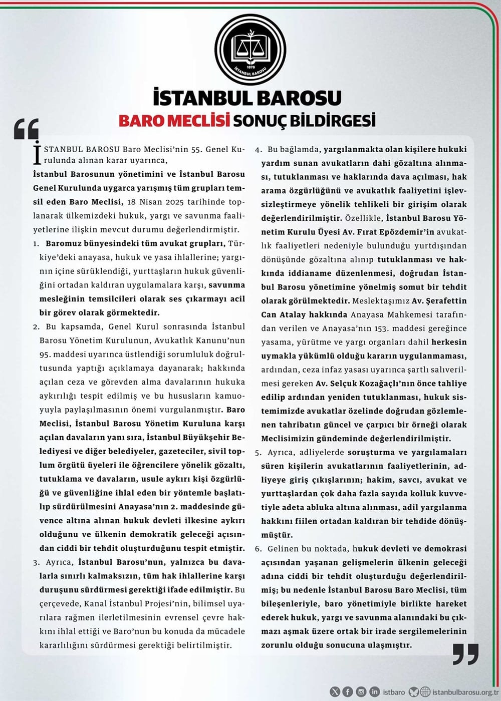 İstanbul Barosu Baro Meclisi Sonuç Bildirgesi - 1
