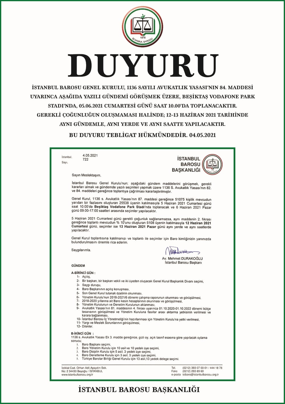 İstanbul Barosu Genel Kurulu Hakkında Duyuru