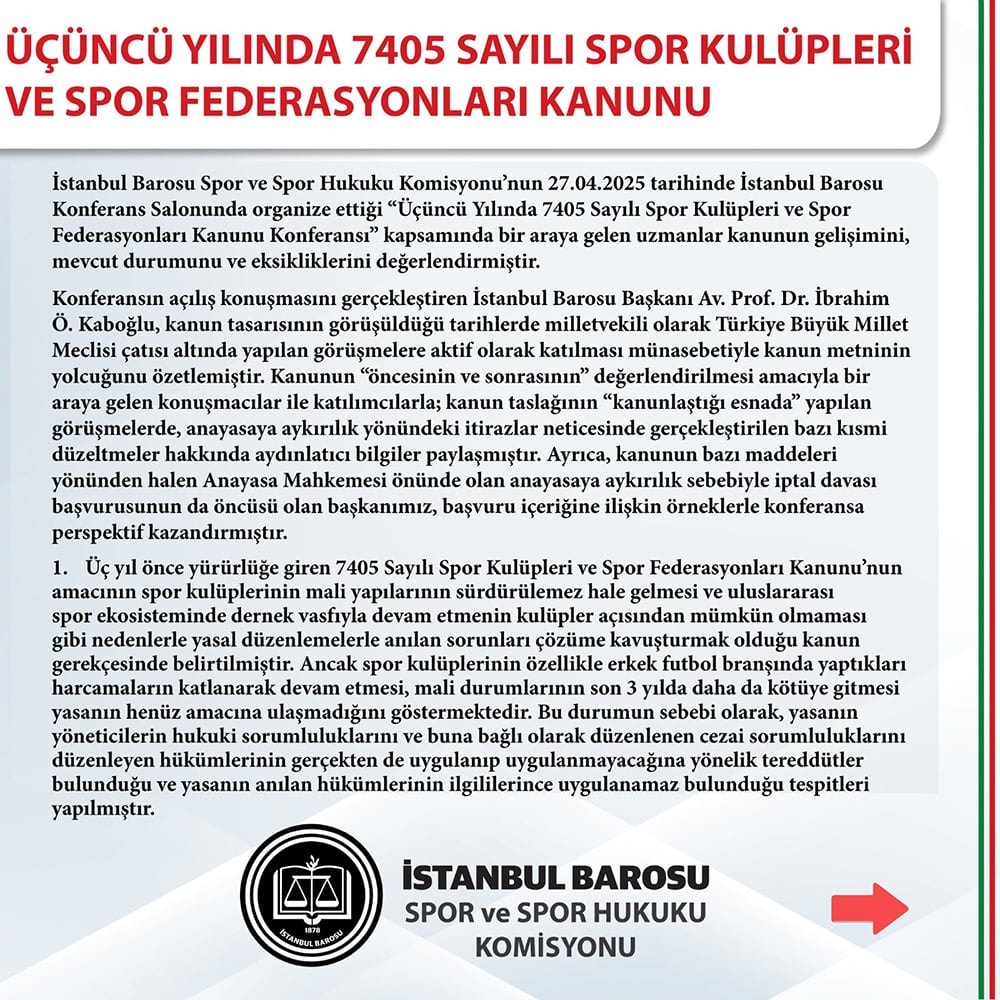 Üçüncü Yılında 7405 Sayılı Spor Kulüpleri Ve Spor Federasyonları Kanunu Konferansı Sonuç Raporu