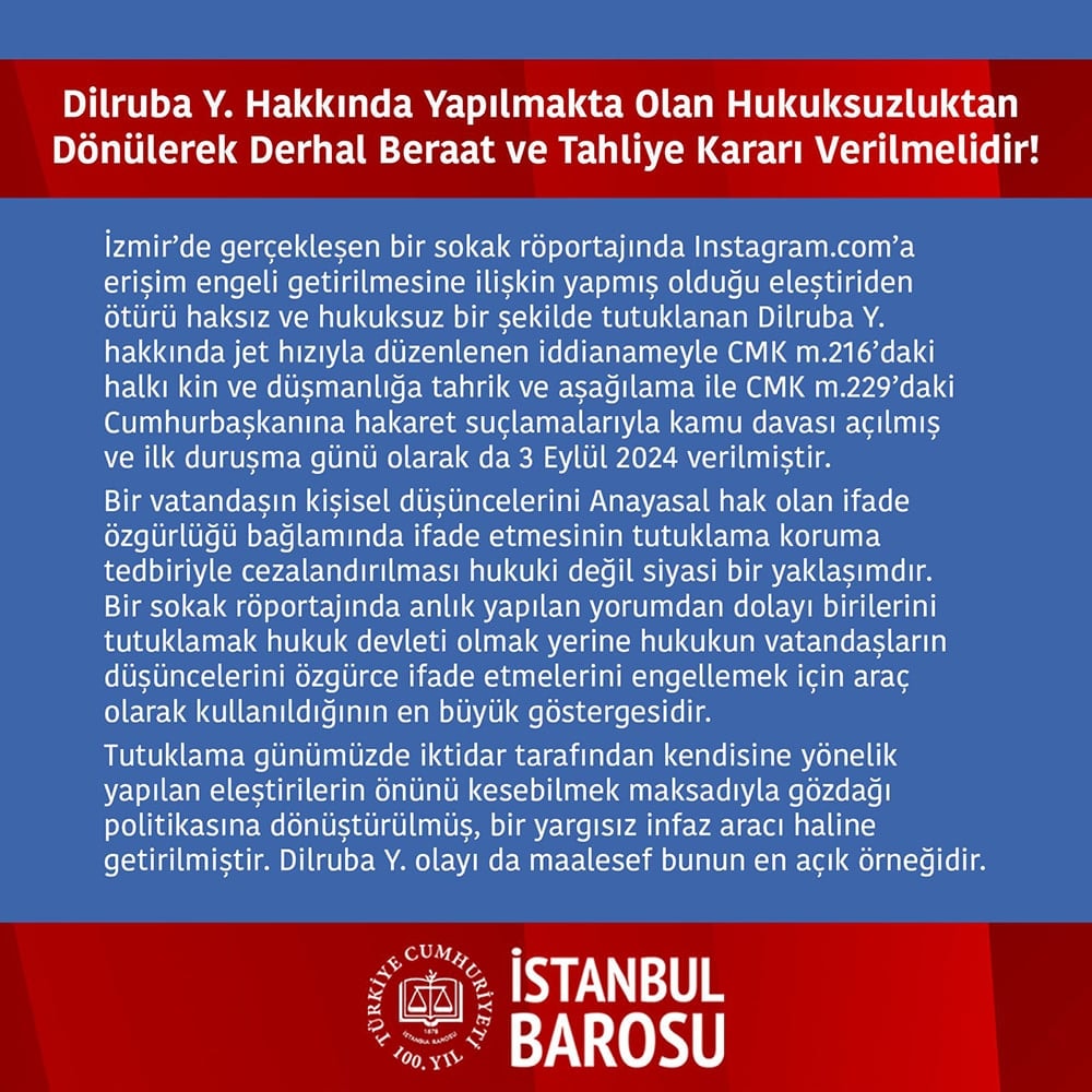 Dilruba Y. Hakkında Yapılmakta Olan Hukuksuzluktan Dönülerek Derhal Beraat ve Tahliye Kararı Verilmelidir! - 1
