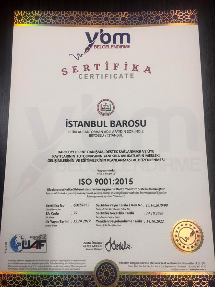İstanbul Barosu ISO 9001- 2015 Kalite Yönetim Sistemi Sertifika Tetkiki - 1