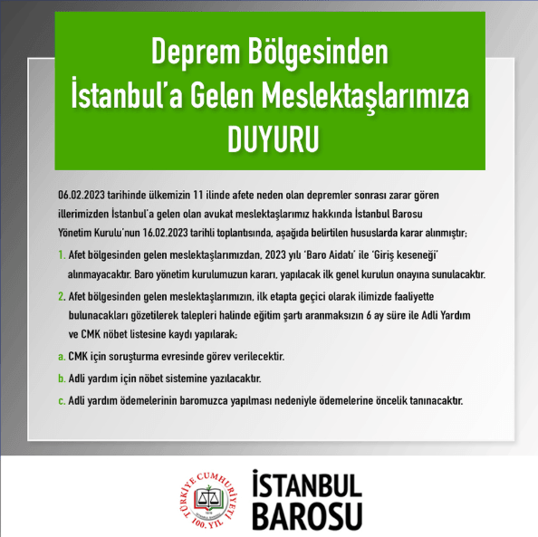 Deprem Bölgesinden İstanbul’a Gelen Meslektaşlarımıza Duyuru