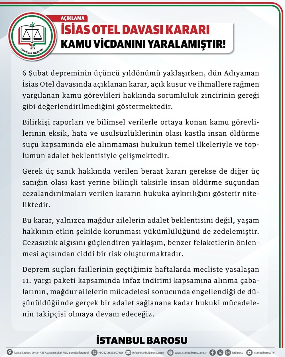 İsias Otel Davası Kararı Kamu Vicdanını Yaralamıştır