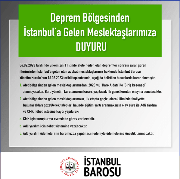 Deprem Bölgesinden İstanbul’a Gelen Meslektaşlarımıza Duyuru