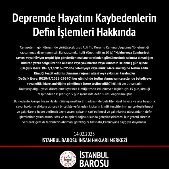 Depremde Hayatını Kaybedenlerin Defin İşlemleri Hakkında
