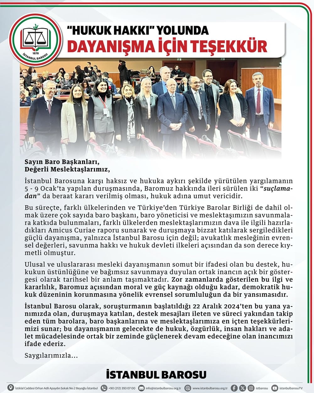 “Hukuk Hakkı” Yolunda Dayanışma İçin Teşekkür