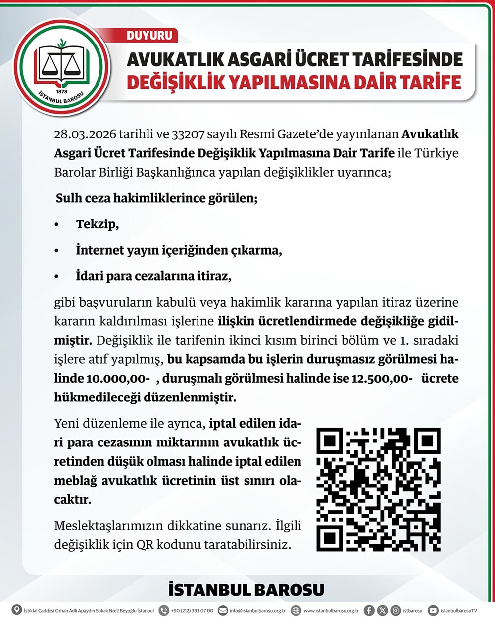 Avukatlık Asgari Ücret Tarifesinde Değişiklik Yapılmasına Dair Tarife