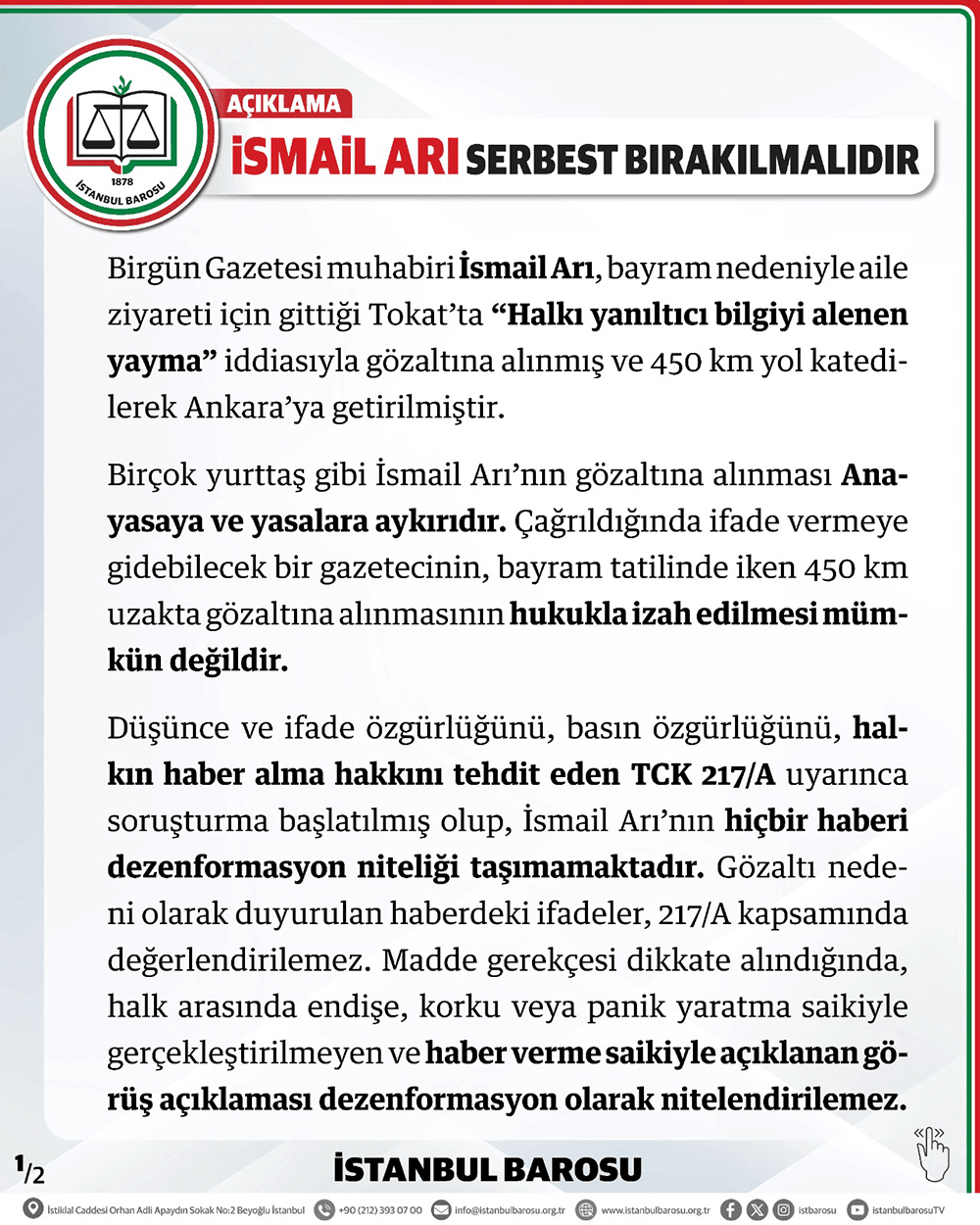 İsmail Arı Serbest Bırakılmalıdır