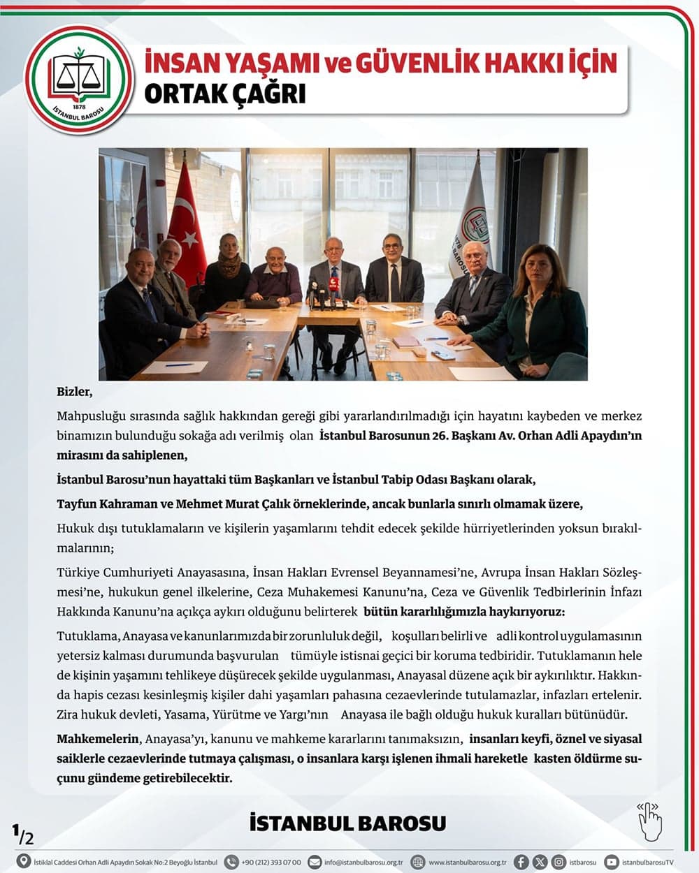 İnsan Yaşamı ve Güvenlik Hakkı İçin Görevdeki ve Önceki Başkanlardan Ortak Çağrı