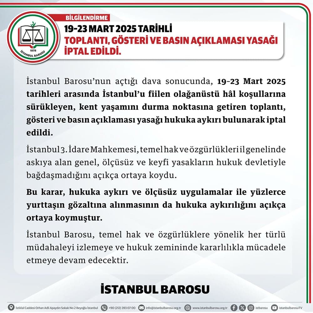 19 - 23 Mart 2025 Tarihli Toplantı, Gösteri Ve Basın Açıklaması Yasağı İptal Edildi