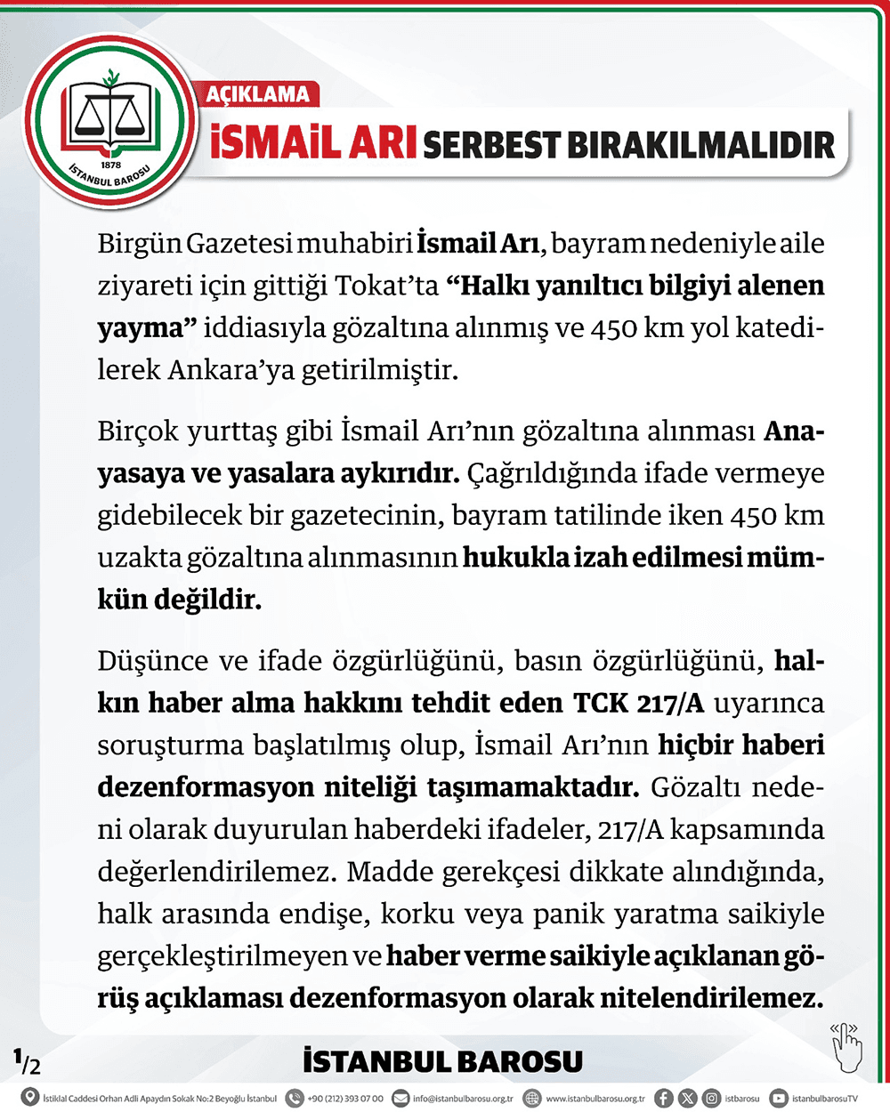 İsmail Arı Serbest Bırakılmalıdır