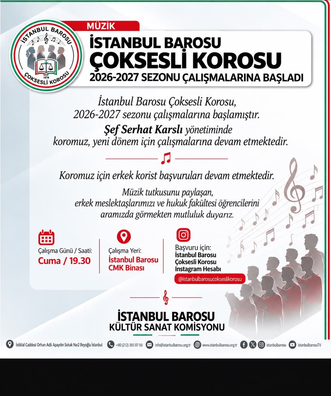 İSTANBUL BAROSU ÇOK SESLİ KOROSU 2026-2027 SEZONU ÇALIŞMALARINA BAŞLADI