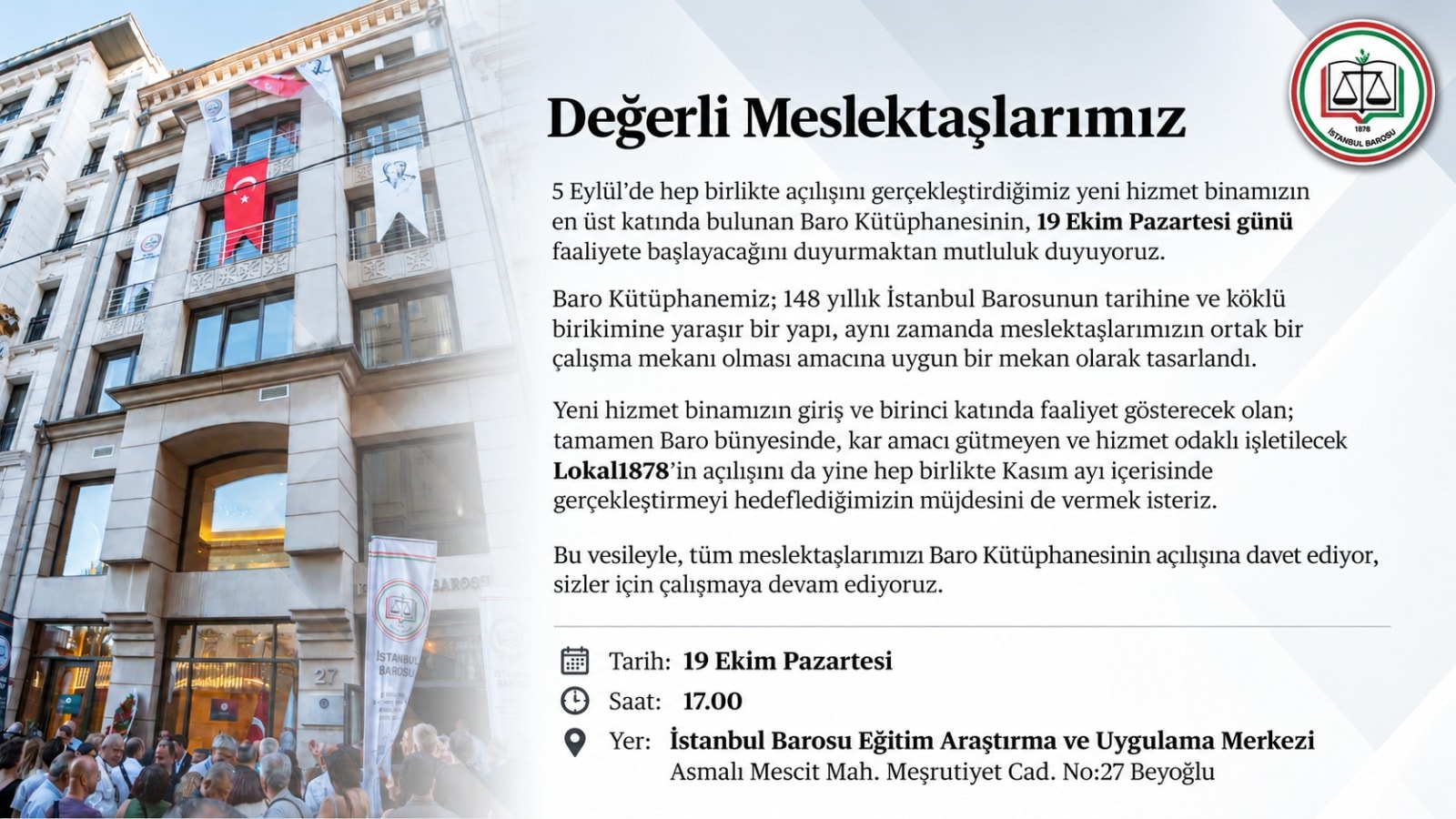 İSTANBUL BAROSU KÜTÜPHANESİ 19 EKİM’DE HİZMETE AÇILIYOR